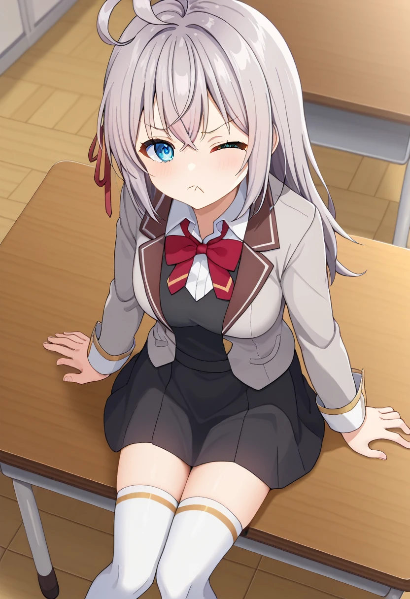 source_anime, 1girl, alya, grey hair, long hair, ahoge, hair ribbon, blue eyes, , bowtie, black skirt, white thighhighs, sitting, on table, pout, cute, looking at viewer, from above, classroom, one eye closed,