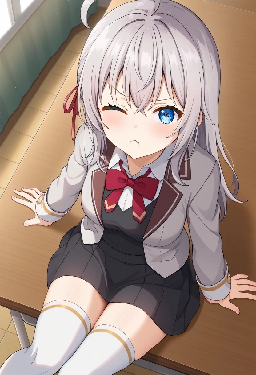 source_anime, 1girl, alya, grey hair, long hair, ahoge, hair ribbon, blue eyes, , bowtie, black skirt, white thighhighs, sitting, on table, pout, cute, looking at viewer, from above, classroom, one eye closed,