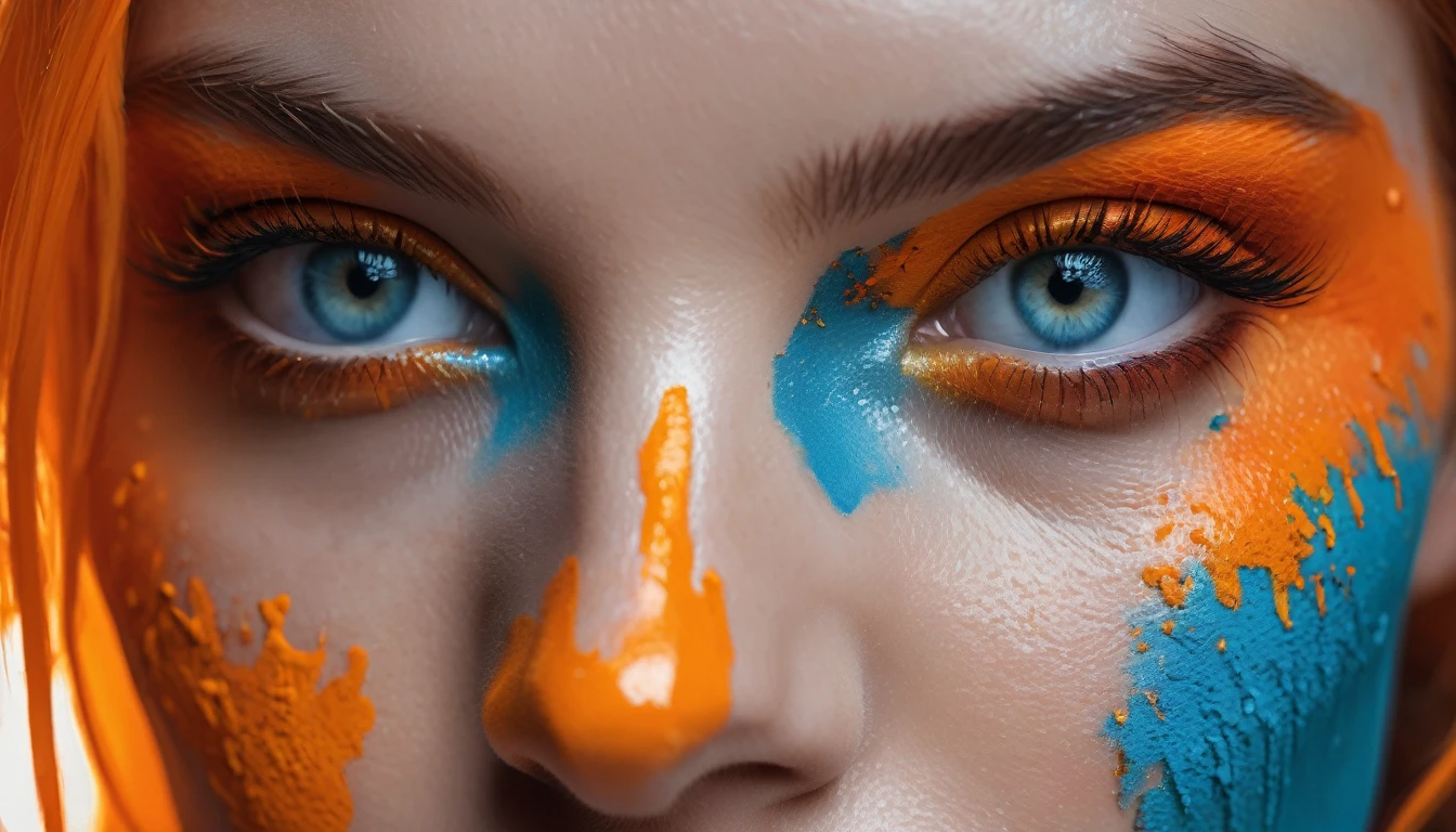 a woman with light blue eyes and orange paint on her face, white skin, scary color art in 4k, 4k color photography portrait, color war, intense colors, 8k artistic portrait photography, cyberpunk colors, hyperrealism. fantasy 4k, technicolor 4k, cinematic colors, predatory eyes, hyper realistic, 8K, photorealistic, extreme detail, ( best quality, 4k, 8k, high resolution, masterpiece: 1.5), ultra detailed, (realistic, photorealistic, photo-realistic: 1.5)
