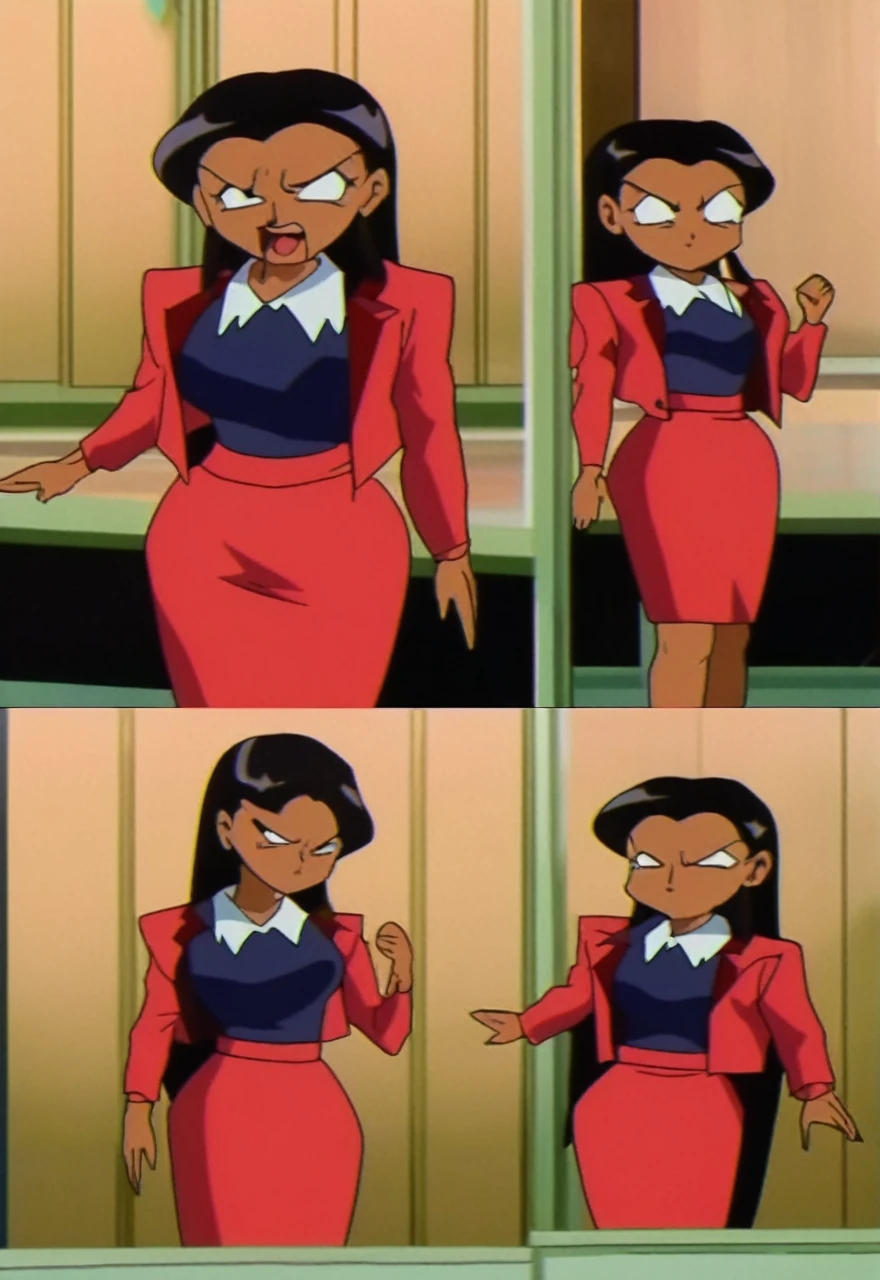 A group of EVIL BLACK BUSINESS WOMAN WEARING A BLOUSE WITH A RED SKIRT SUIT 90s anime art style