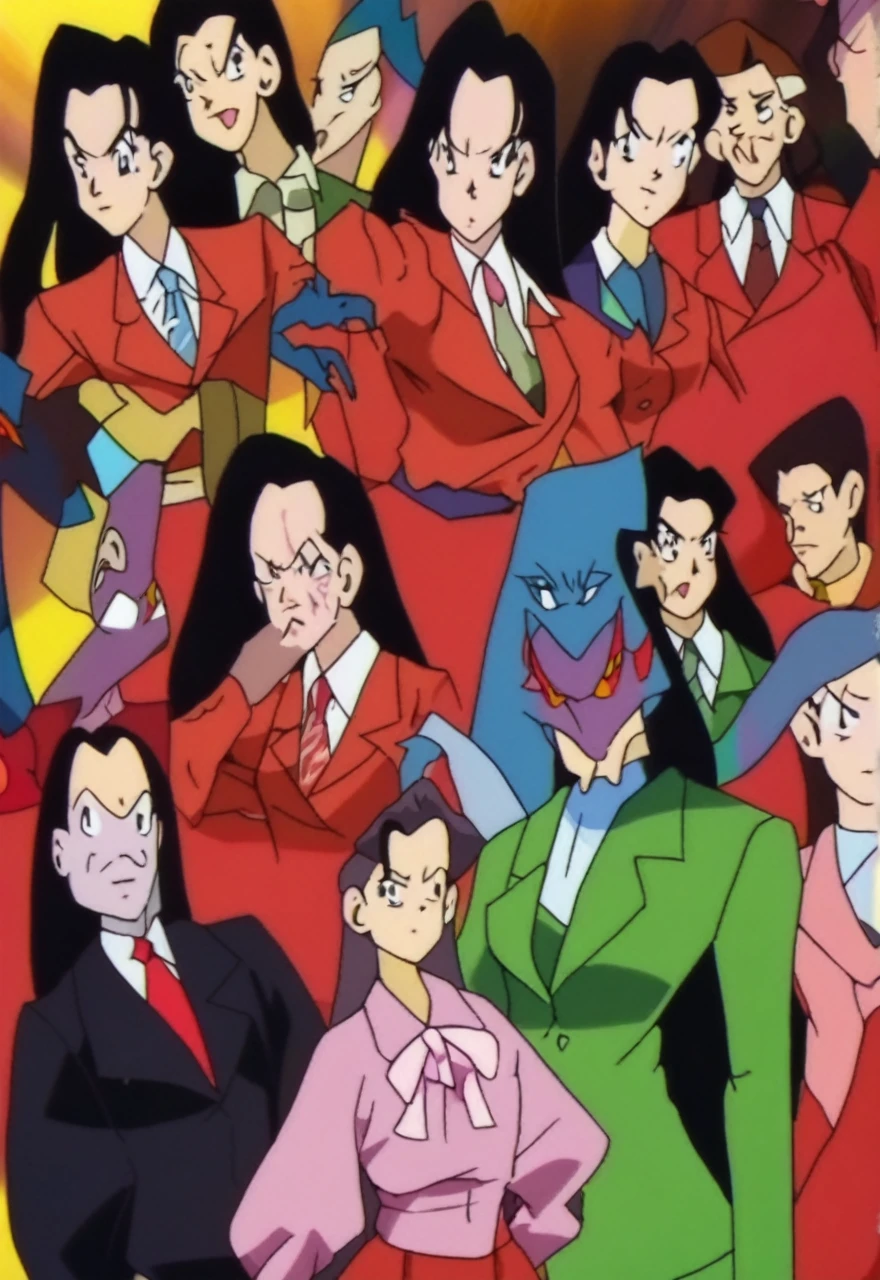 A group of EVIL BLACK BUSINESS WOMAN WEARING A BLOUSE WITH A RED SKIRT SUIT 90s anime art style 