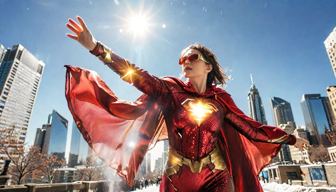 Epic superhero photo of Solarflare, a powerful woman with radiant skin and glowing eyes, wearing a golden-red suit with a shimmering cape, absorbing solar energy with her hands outstretched, full body framing, ascending above a partially frozen city skyline, under intense sunlight with lens flares and light bursts, shot from a low angle looking up, on a RED KOMODO 6K camera with an ultra-wide lens, (HDR effect:1.4), (dynamic motion blur on cape:1.2), in the style of (Alex Ross's realistic superhero paintings:1.3) meets (J.J. Abrams' lens flare aesthetic:1.3)