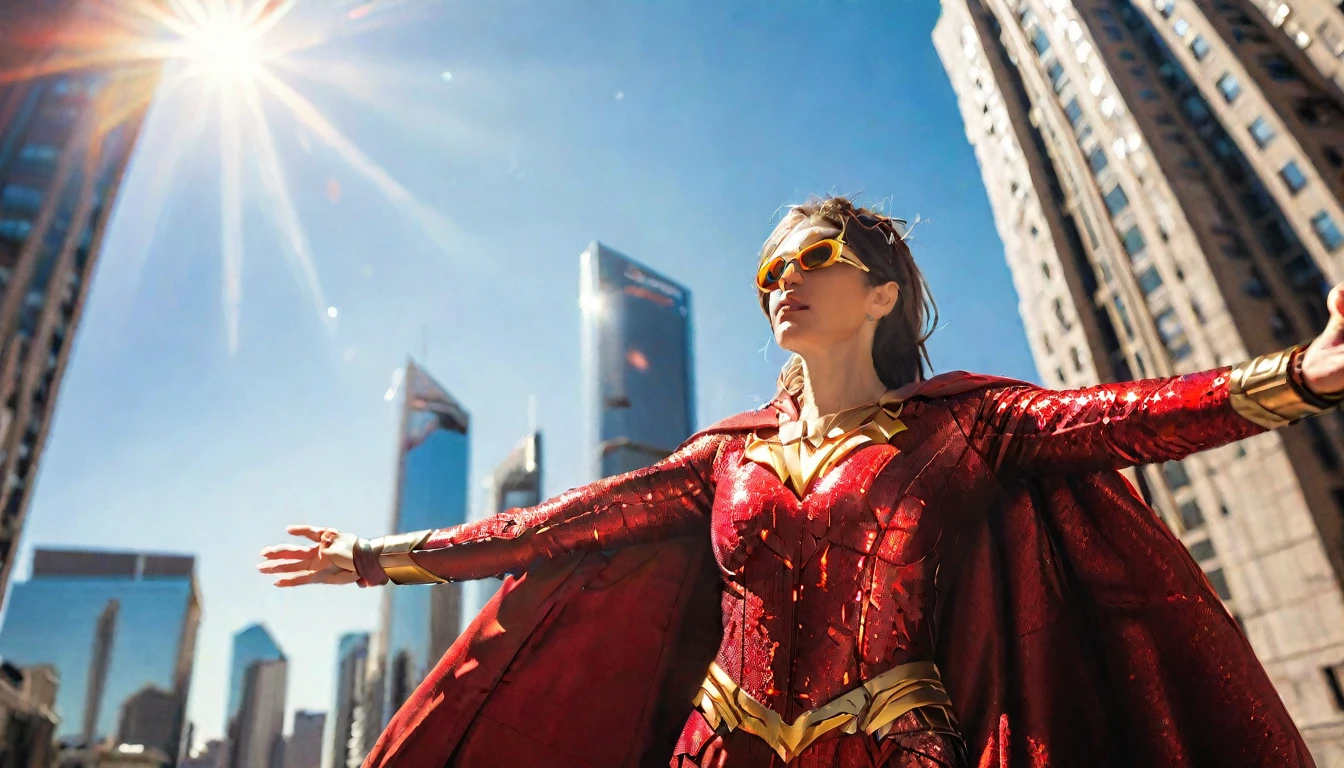 Epic superhero photo of Solarflare, a powerful woman with radiant skin and glowing eyes, wearing a golden-red suit with a shimmering cape, absorbing solar energy with her hands outstretched, full body framing, ascending above a partially frozen city skyline, under intense sunlight with lens flares and light bursts, shot from a low angle looking up, on a RED KOMODO 6K camera with an ultra-wide lens, (HDR effect:1.4), (dynamic motion blur on cape:1.2), in the style of (Alex Ross's realistic superhero paintings:1.3) meets (J.J. Abrams' lens flare aesthetic:1.3)