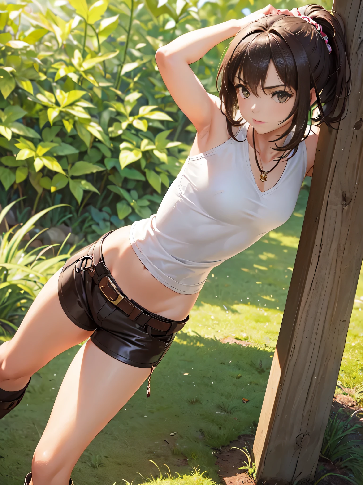 ((A girl , perfect body)), anime, 16-year-old girl with dark brown hair in a high ponytail, light brown eyes, and light, tanned skin. He wears a white shirt with a brown vest, brown shorts, and knee-high leather boots. He wears a leather belt with a dagger on his hip and a necklace with a green stone amulet. He is standing in a green field with a sword in his hand and a determined look on his face.,(all realistic intricate details)