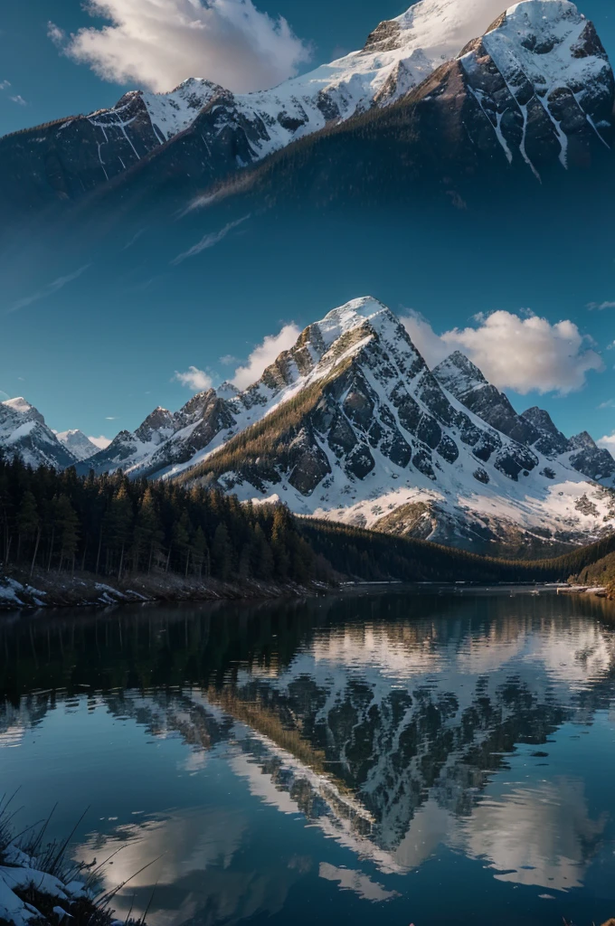 A majestic mountain landscape with a serene lake, dramatic clouds, lush forests, snow-capped peaks, reflections on the water, picturesque scenery, epic fantasy, cinematic lighting, vibrant colors, intricate details, stunning realism, award-winning digital art, masterful composition, ultra-detailed, 8k, photorealistic