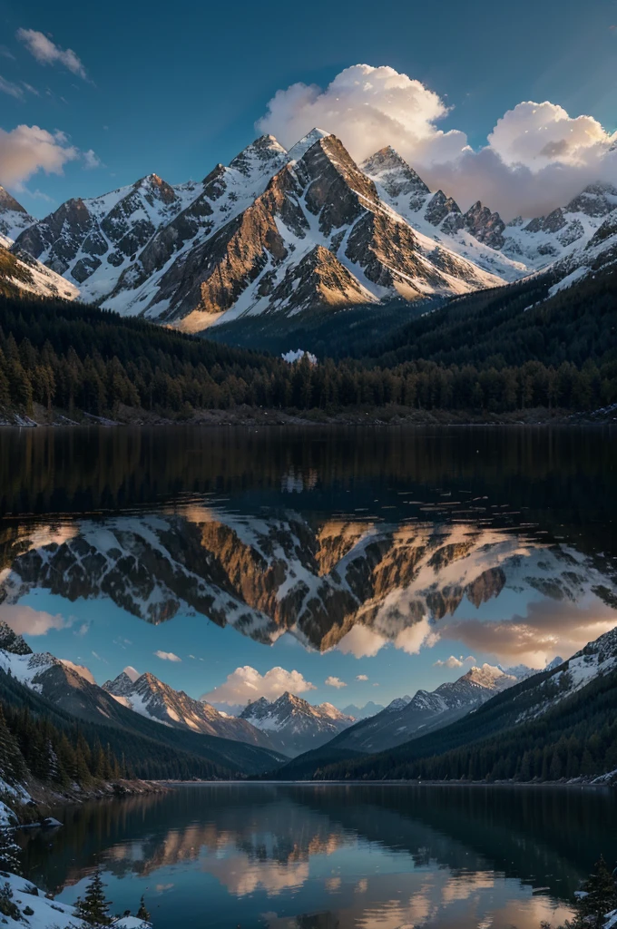 A majestic mountain landscape with a serene lake, dramatic clouds, lush forests, snow-capped peaks, reflections on the water, picturesque scenery, epic fantasy, cinematic lighting, vibrant colors, intricate details, stunning realism, award-winning digital art, masterful composition, ultra-detailed, 8k, photorealistic