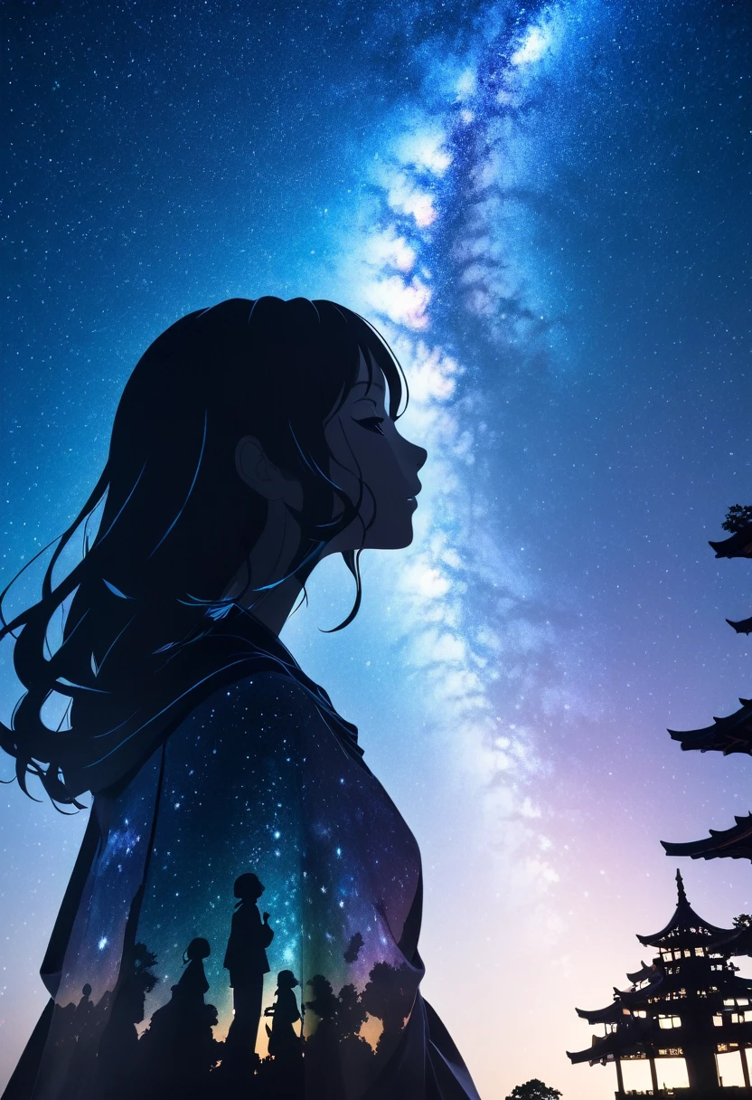  mate piece, silhouette, Milky Way, Orihime's, close-up, profile, monotony, moon, double exposure, Milky Way, (((tanabata))), Tanabata decoration, depth of field, (holographic glow effect), from below, low angle shot, masterpiece,