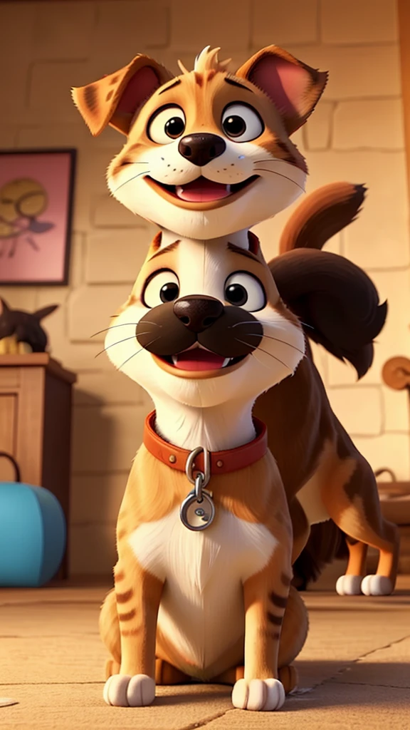 "A cartoon scene featuring a happy-go-lucky dog and a proud cat. The dog cheerfully talks about his luxurious life,