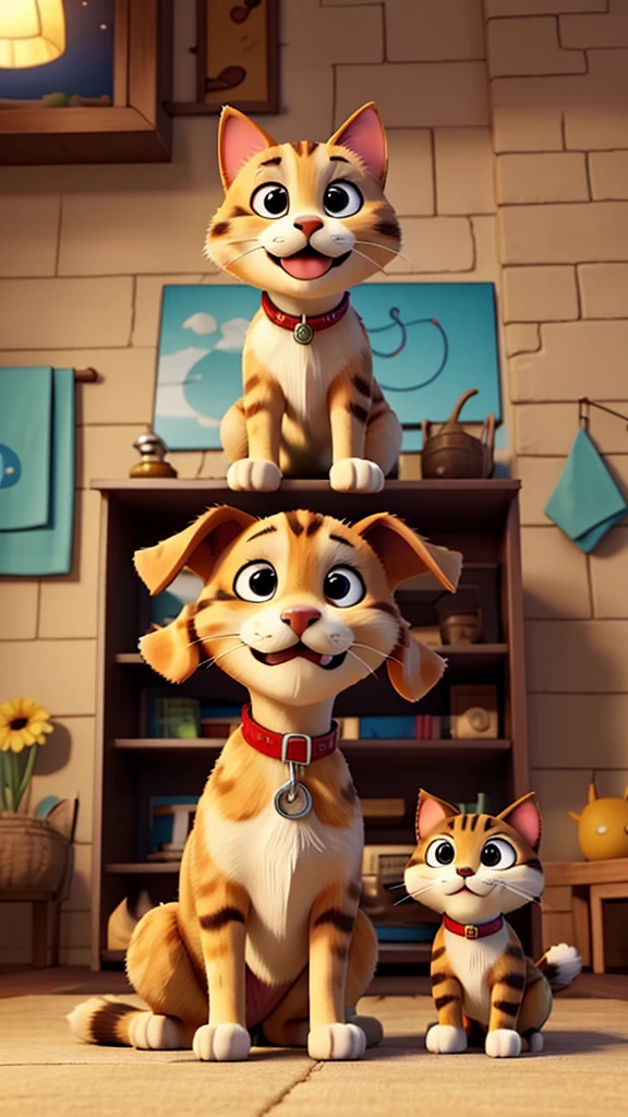 "A cartoon scene featuring a happy-go-lucky dog and a proud cat. The dog cheerfully talks about his luxurious life,