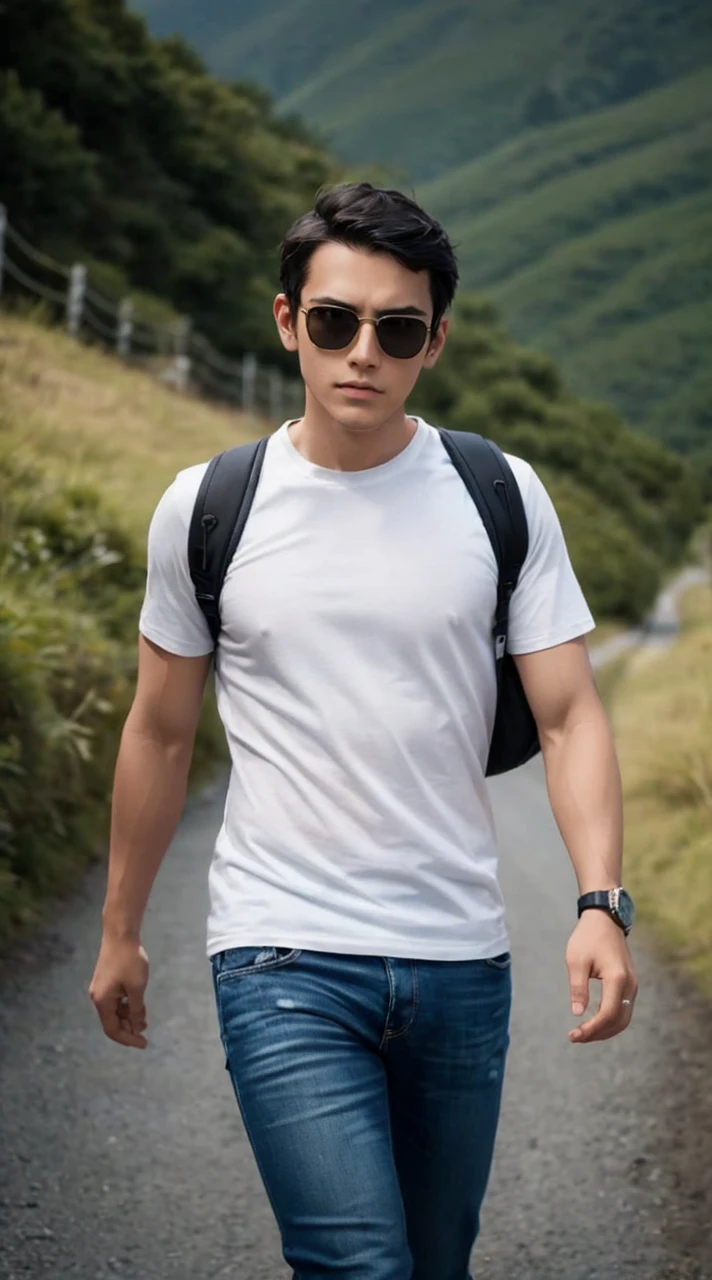 A man wearing white tshirt and blue jeans, wearing sunglasses and bag, wearing smartwatch in the left hand, greenland background, 4D realistic