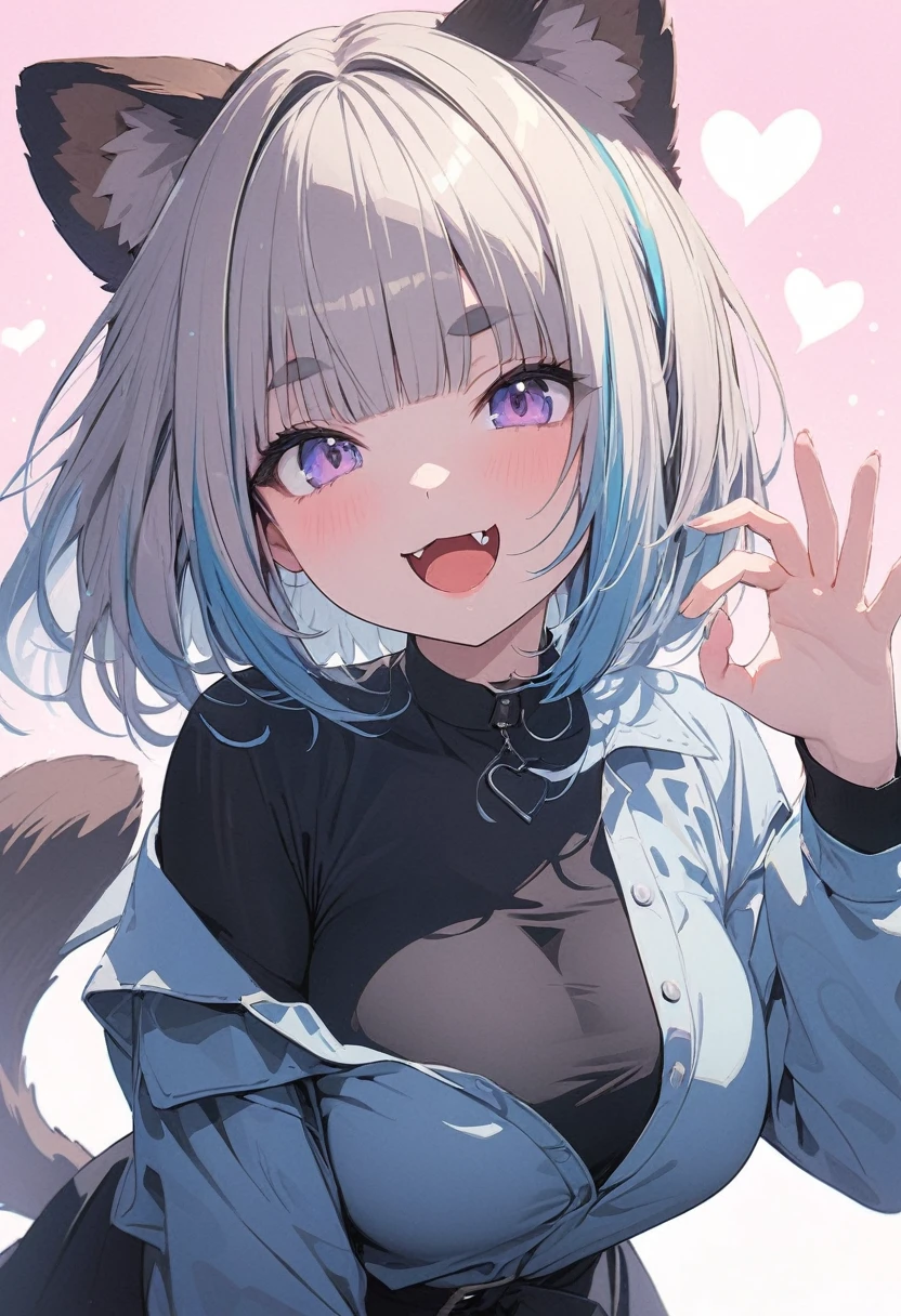 (best quarity,ultra detailed,ultra-high-resolution, absolutely resolution,8k, masterpiece),anime,(pale colors:1.8),long shot, 1girl, solo, cat mouth, dynamic angle, OK sign, smirk, opened mouth, fang, blue hair, bobcut, straight hair, racoon ears, racoon tail, (brown streaked hair:1.3), (blunt bangs) ,thick eyebrows, big breast, off shoulder clothes, cutout,  striped and heart background, shadow, 