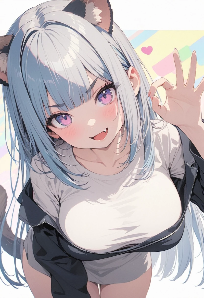 (best quarity,ultra detailed,ultra-high-resolution, absolutely resolution,8k, masterpiece),anime,(pale colors:1.8),long shot, 1girl, solo, cat mouth, dynamic angle, OK sign, smirk, opened mouth, fang, blue hair, bobcut, straight hair, racoon ears, racoon tail, (brown streaked hair:1.3), (blunt bangs) ,thick eyebrows, big breast, off shoulder clothes, cutout,  striped and heart background, shadow, 