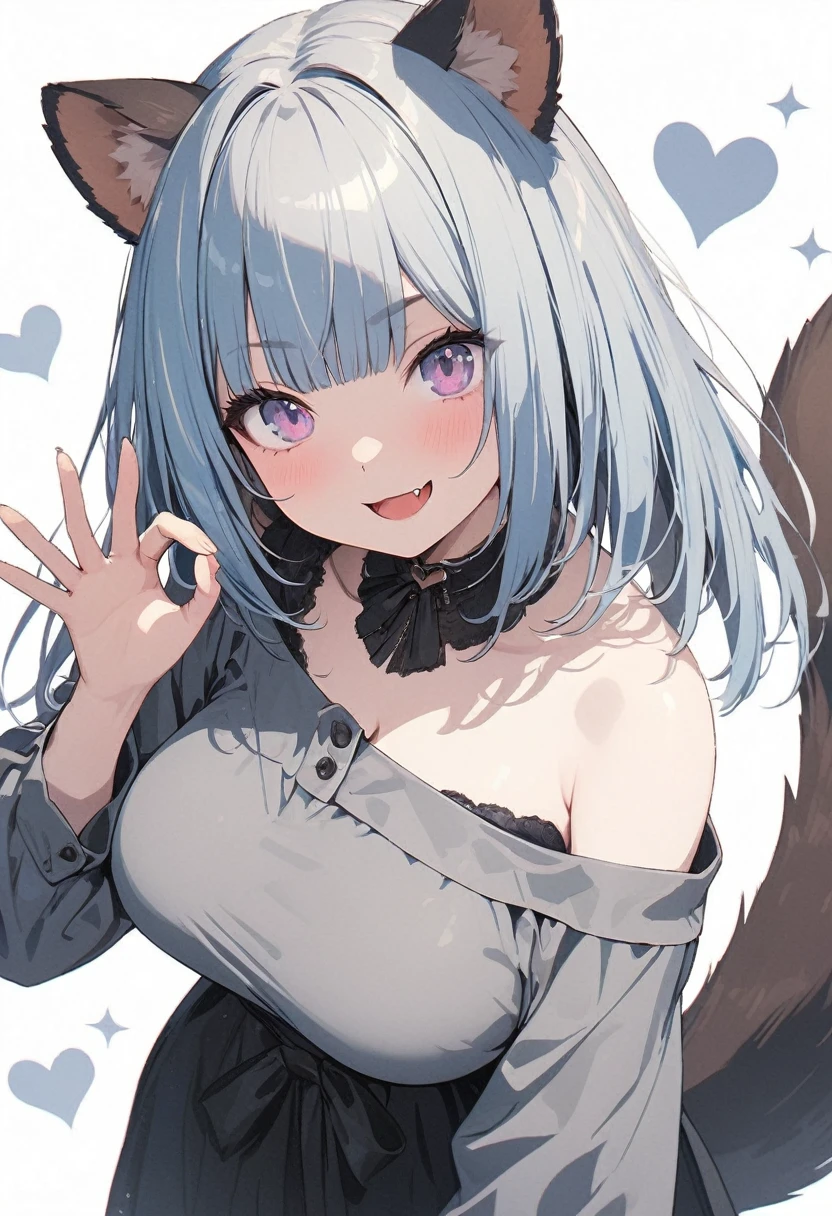 (best quarity,ultra detailed,ultra-high-resolution, absolutely resolution,8k, masterpiece),anime,(pale colors:1.8),long shot, 1girl, solo, cat mouth, dynamic angle, OK sign, smirk, opened mouth, fang, blue hair, bobcut, straight hair, racoon ears, racoon tail, (brown streaked hair:1.3), (blunt bangs) ,thick eyebrows, big breast, off shoulder clothes, cutout,  striped and heart background, shadow, 