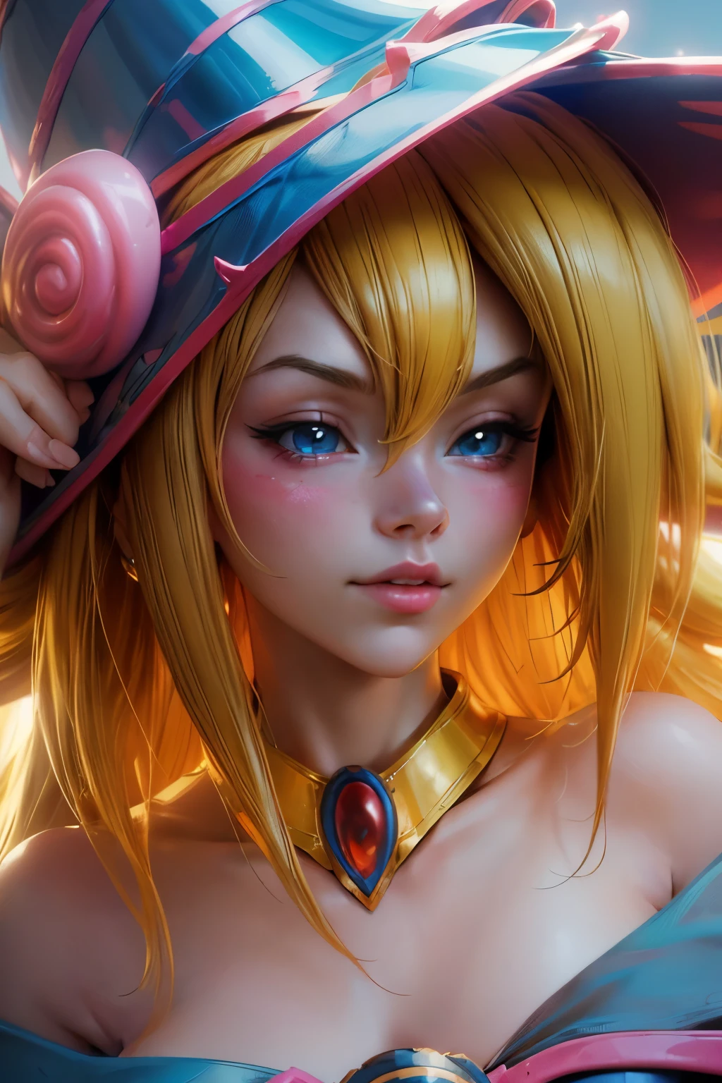 Beautiful face of dark magician gils, blue eyes. pink lips. Long blonde hair. exposed shoulders, angelic smile, beautiful well detailed face of dark magician gils. blowing a kiss. sexy kiss 