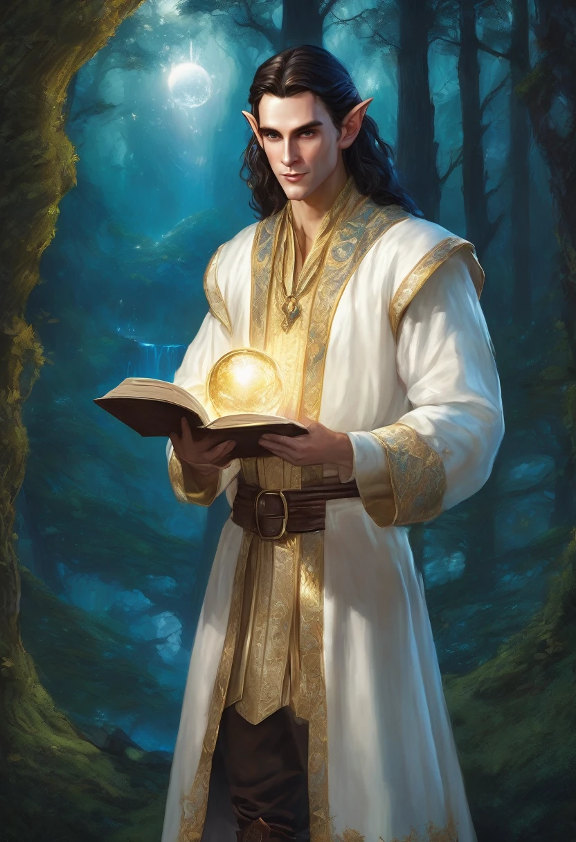 Best quality, high detail, eyes and hands with fingers worked out. Illustration for a book,1 male elf, dark long hair with a blue tint, background forest and castle, in the foreground is a young elf man, elf holding a book and a sphere in his hands, beautiful and tall elf, dark sapphire eyes, young and beautiful elf Mage, Elf magician in white and gold robe, proportional and clear hands and eyes, HD, 8K, Photorealism,