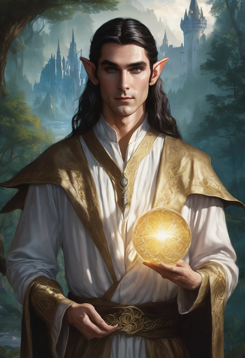 Best quality, high detail, eyes and hands with fingers worked out. Illustration for a book,1 male elf, dark long hair with a blue tint, background forest and castle, in the foreground is a young elf man, elf holding a book and a sphere in his hands, beautiful and tall elf, dark sapphire eyes, young and beautiful elf Mage, Elf magician in white and gold robe, proportional and clear hands and eyes, HD, 8K, Photorealism,