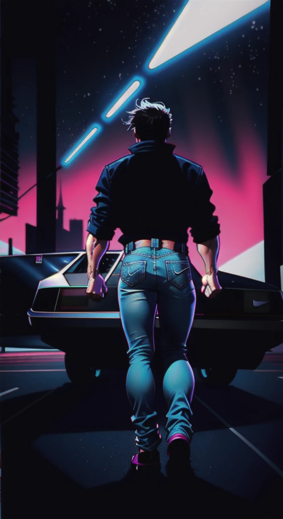 Full body muscular Marty Mcfly color drawning high-definition, using Nike Air MAG Back to the Future, holding a dumbbell, Perfect nose, wearing Aviator Style Sunglasses, using jeans pants, next to show silver Delorean car with perfect details from the movie " back to the future", Venice Beach city background, inside the neon circle, high definition.