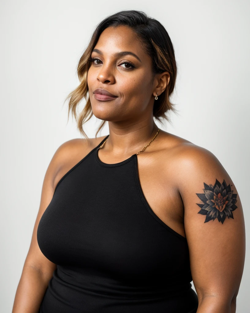 there is a woman with a tattoo on her arm and a black top, 50-year-old woman from cuba, looks like Drew Barrymore, she is wearing a black tank top, malika favre, photo of a black woman, a portrait of a plump woman, tight black tanktop, full face and body portrait, bulky figure, half body portrait of juliana and A man with a beard on face hold this womans chest