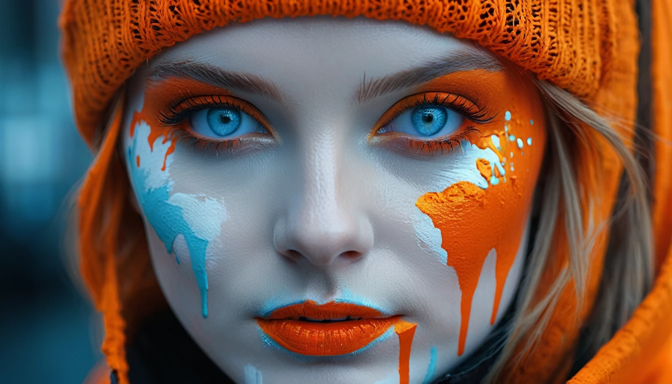 a woman with light blue eyes and orange paint on her face, white skin, scary color art in 4k, 4k color photography portrait, color war, intense colors, 8k artistic portrait photography, cyberpunk colors, hyperrealism. fantasy 4k, technicolor 4k, cinematic colors, predatory eyes, hyper realistic, 8K, photorealistic, extreme detail, ( best quality, 4k, 8k, high resolution, masterpiece: 1.5), ultra detailed, (realistic, photorealistic, photo-realistic: 1.5)
