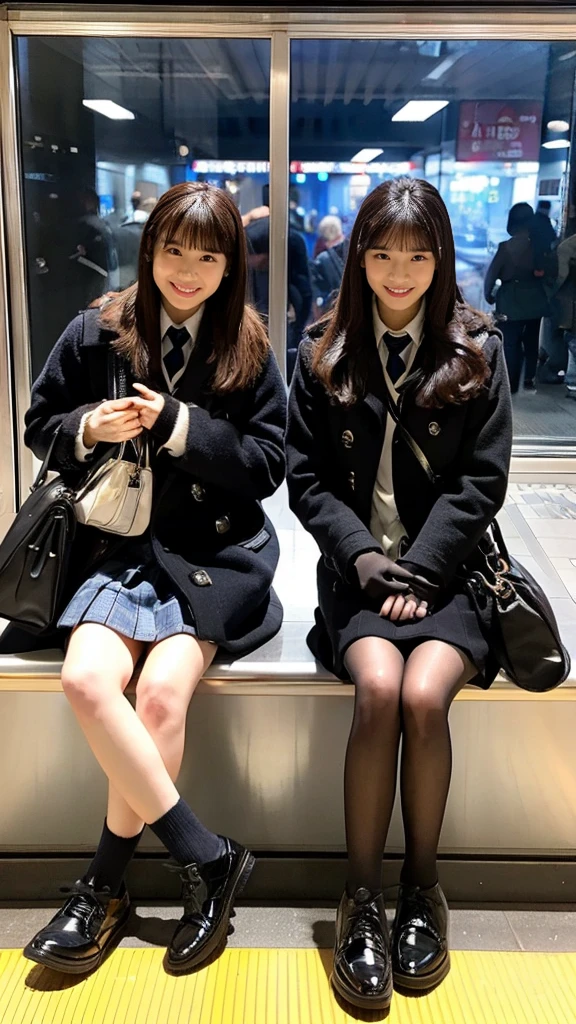 Photo of two Japanese high school girls wearing duffle coats with leather shoes and shiny black leather gloves, Profile of a woman with her legs crossed at the entrance to the subway. This photo was taken in daylight with soft lighting..、The girls are sitting on the ground.。. This photo was taken by someone on their cell phone..、Apparently it was posted on Snapchat.。. 