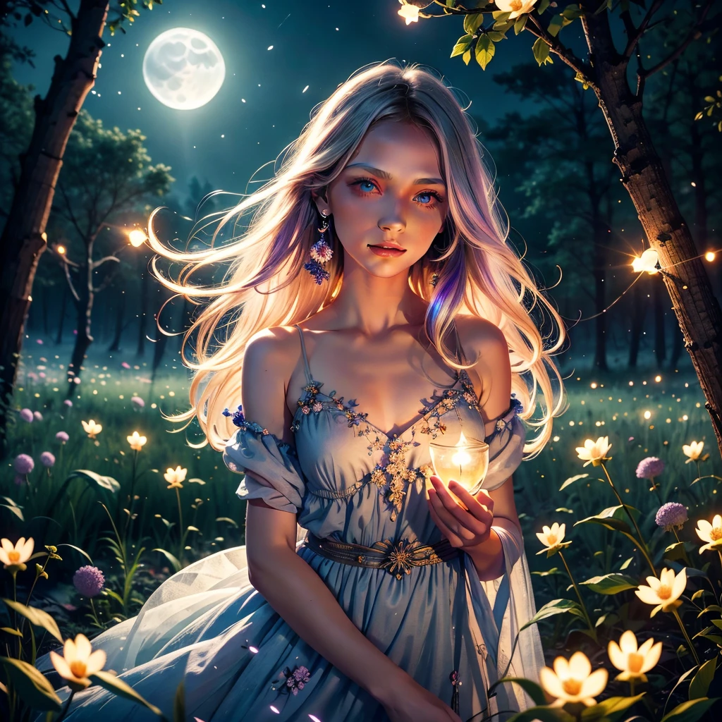 beautiful girl in the night of Ivan Kupala, ethereal atmosphere, moonlight, glowing fireflies, wildflowers, candlewicks, flowing dress, serene expression, dreamy, whimsical, fantasy, highly detailed, 8k, photorealistic, vibrant colors, dramatic lighting