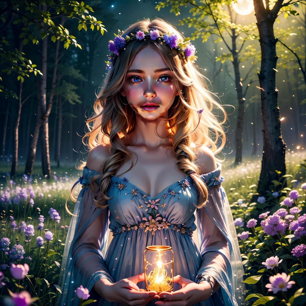 beautiful girl in the night of Ivan Kupala, ethereal atmosphere, moonlight, glowing fireflies, wildflowers, candlewicks, flowing dress, serene expression, dreamy, whimsical, fantasy, highly detailed, 8k, photorealistic, vibrant colors, dramatic lighting