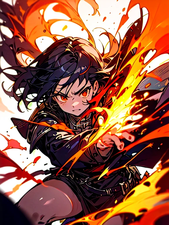 masterpiece、highest quality、High definition、anime、Medieval Europe、Fantasy、A female adventurer determined to face her enemies on the battlefield.、Background flames、Cut through the flames with a sword、High tension and dramatic atmosphere、Vibrant colors