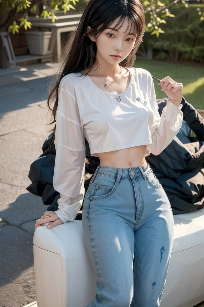 A highly realistic AI model, personified as a young woman with Asian features,Smooth, flawless skin with a touch of light makeup,out side having fun,average feminine body with small but cute curves,showing a very cute smile on her face,looking relaxed and happy ,her posture relaxed and carefree,wearing light washed blue jeans pants and green carding crop with cute white t shirt on the inside,photorealistic,perfect hands and fingers,lee so jin