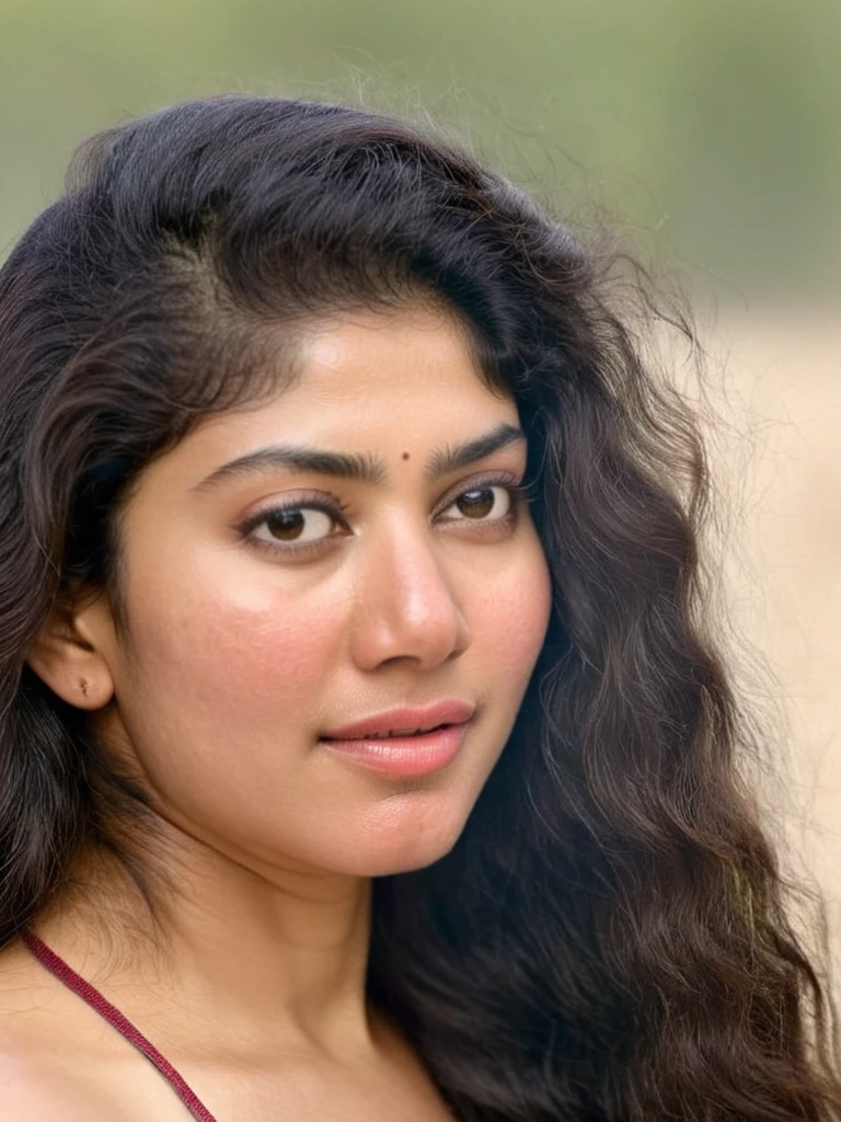 ultrarealistic hires close up photo of a 30-year-old sai pallavi full body in bikini, outdoors, realistic skin texture