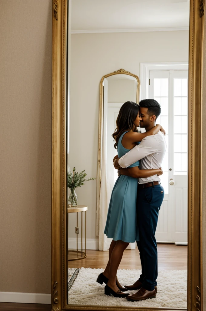 Couple hugging in front of a mirror