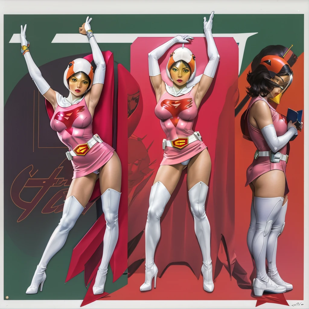 ANI_CLASSIC_jun_gatchaman_ownwaifu,1girl, ,good anatomy, masterpiece, best quality,realistic, hyperrealistic, 16k hdr,breasts,green eyes,lips,large breasts,lipstick,makeup,gloves,cape,helmet,belt,elbow gloves,white gloves,mask,ultra miniskirt,leotard,spacesuit,white tight overknee highheels boots,pink dress,superhero,bodysuit,cleavage,erected nipples,((standing pose,spread legs, arms up straight)),cameltoe