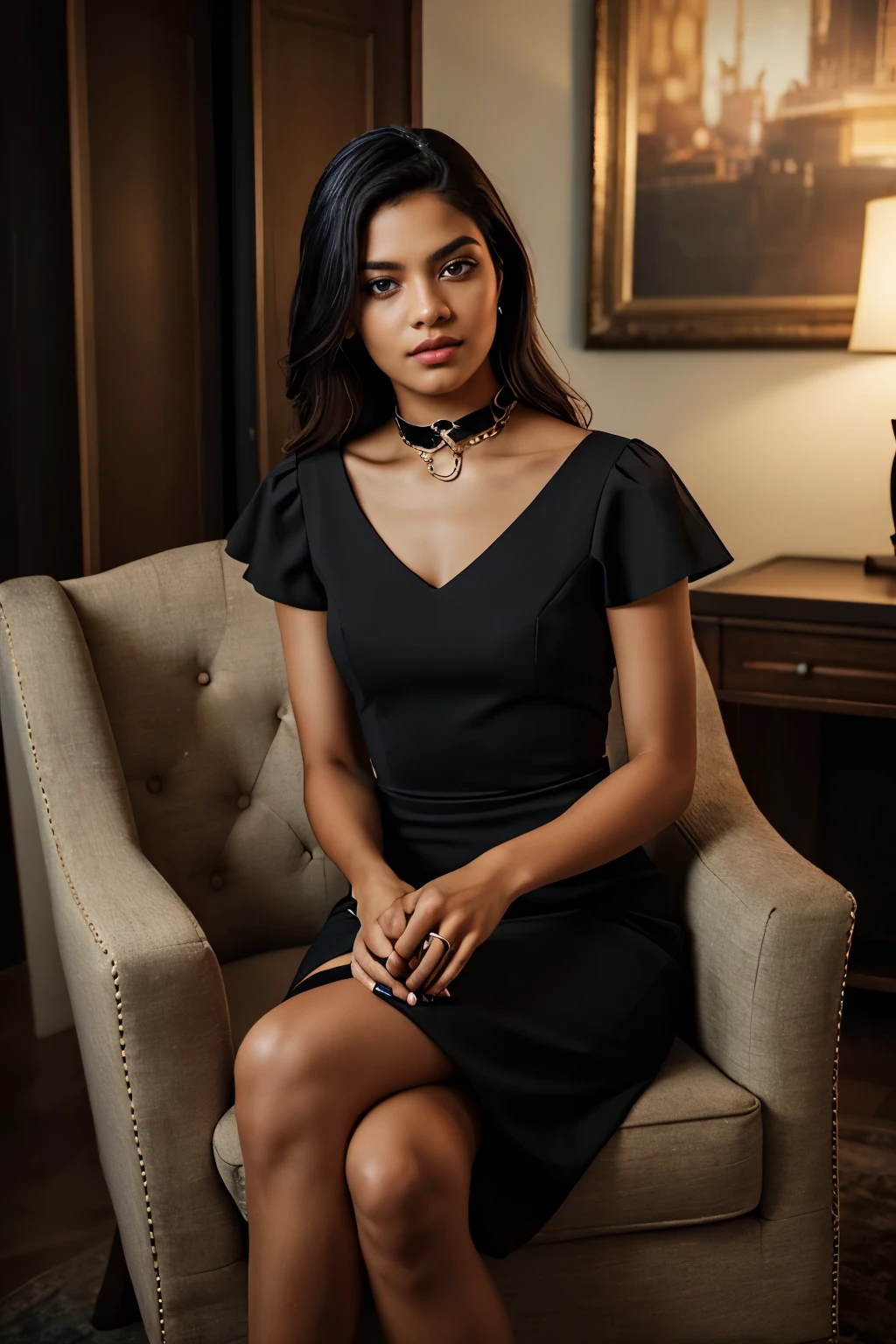 In this photograph, an Indian Instagram female model in her mid-20s sits elegantly in a luxury chair, commanding attention. The background, a 5-star hotel setting, adds to the moody ambiance of a private study. Captured by Lee Jeffries with a Nikon D850 and 4 Kodak Portra 400 film stock, the image boasts rich colors, hyper-realistic details, and lifelike textures.
The model wears a stylish black dress with vertical orange and pink stripes, featuring a sweetheart neck, short puff sleeves, and a tie-up detail on the back, enhancing its allure. The dress flows gracefully above the knee with a flounce hem, crafted from chiffon fabric with an attached lining for comfort.
Completing the aesthetic, the model wears a slave collar with a chain around her neck, adding an edgy contrast to the elegant ensemble. Meticulously captured in 8K resolution using cutting-edge techniques such as Cinema 4D and Octane Render, the photograph exudes a highly detailed and photorealistic quality. Studio lighting, HDR, and a smoky mist further enhance the captivating ambiance, while the bokeh effect adds an artistic touch to the composition.