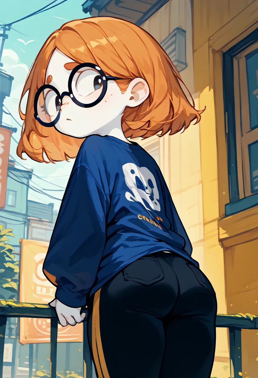 illymation, orange, hair, round black glasses, white skin, shortstack, blue shirt, black pants, short hair, back view, farting, yellow gas, butt