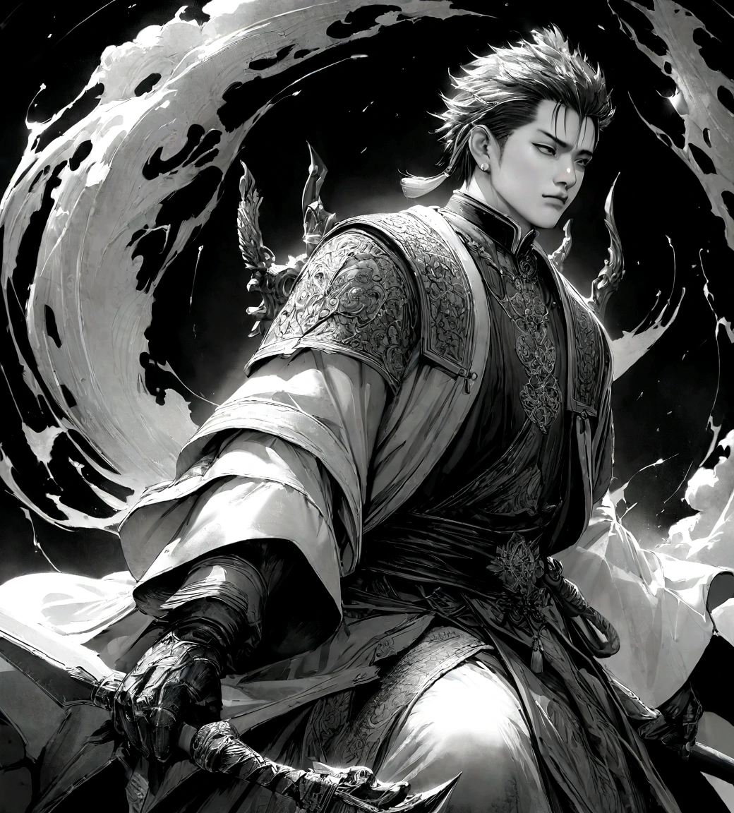 ((master part)),(best quality)),Faraway view,Surrounding lightning,Sword Rain,A young Taoist priest,Infinity Sword System,glow effects,hyper-realistic,Ultra photo realism,Chinese black and white ink style,black andwhite,Discoloration,Bloodstain,inking,8K,super-fine,high qualiy