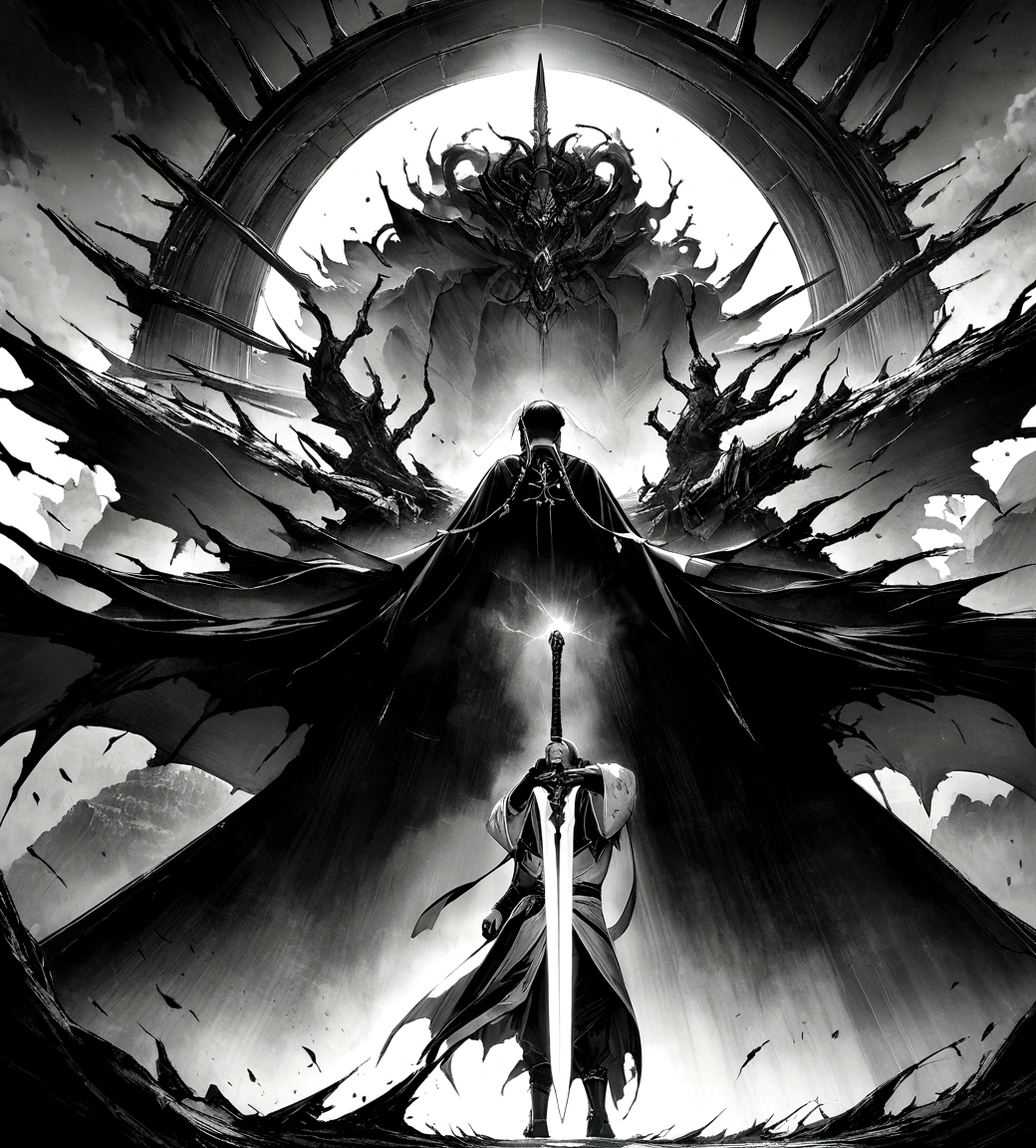 ((master part)),(best quality)),Faraway view,Surrounding lightning,Sword Rain,A young Taoist priest,Infinity Sword System,glow effects,hyper-realistic,Ultra photo realism,Chinese black and white ink style,black andwhite,Discoloration,Bloodstain,inking,8K,super-fine,high qualiy