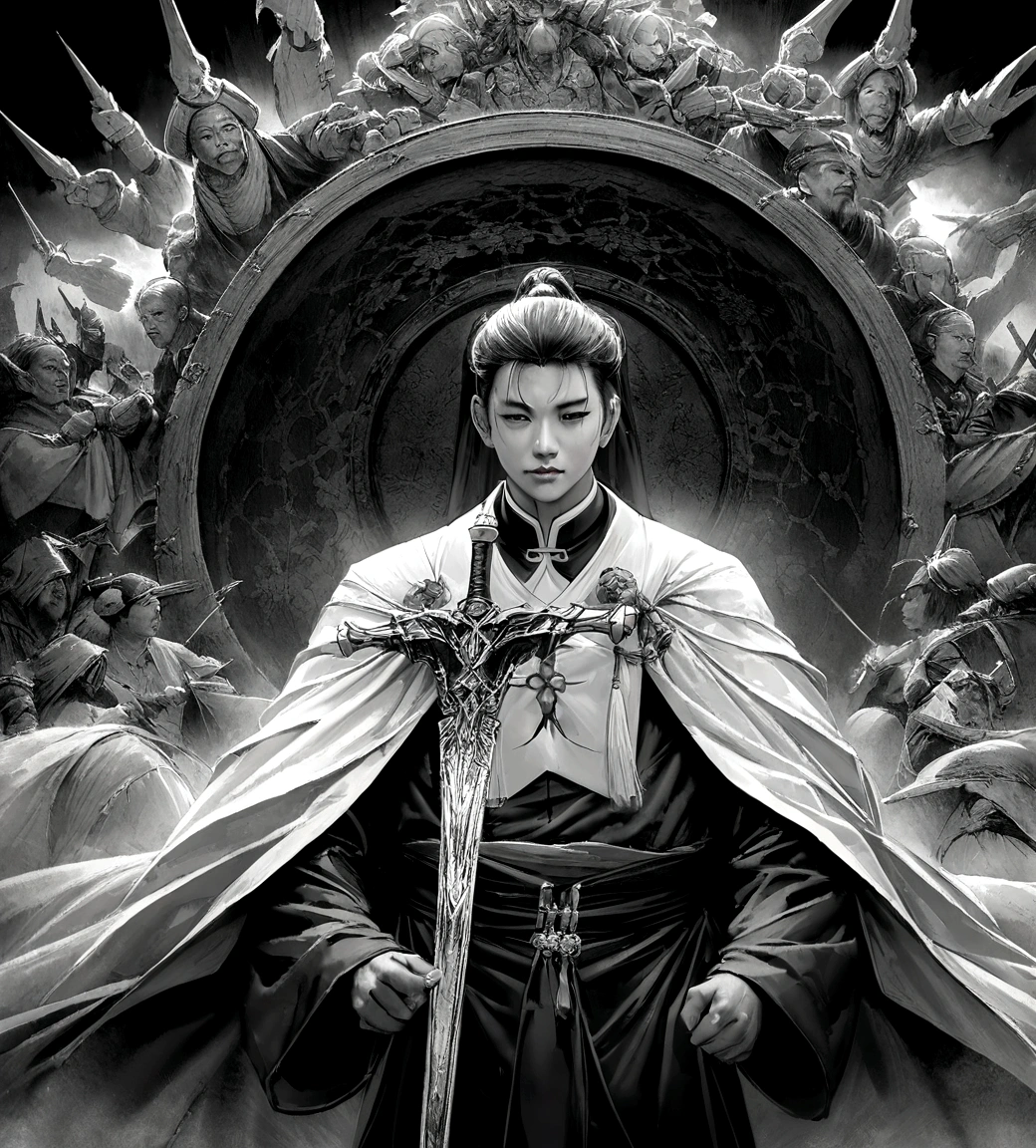 ((master part))，(best quality))，Faraway view，Surrounding lightning，Sword Rain，A young Taoist priest，Infinity Sword System，glow effects，hyper-realistic，Ultra photo realism，Chinese black and white ink style，black andwhite，Discoloration，Bloodstain，inking，8K，super-fine，high qualiy
