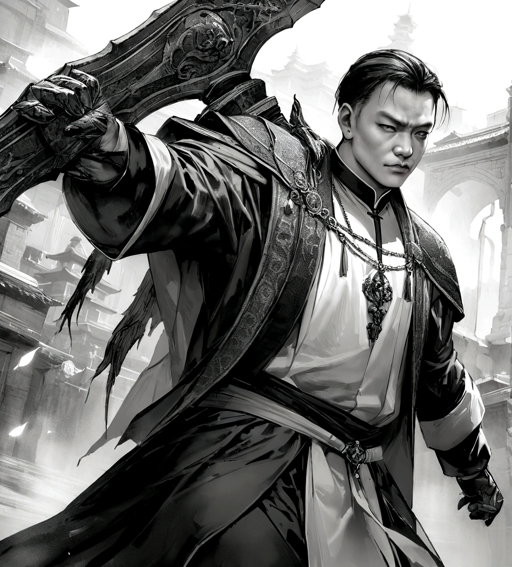 ((master part)),(best quality)),Faraway view,Surrounding lightning,Sword Rain,A young Taoist priest,Infinity Sword System,glow effects,hyper-realistic,Ultra photo realism,Chinese black and white ink style,black andwhite,Discoloration,Bloodstain,inking,8K,super-fine,high qualiy