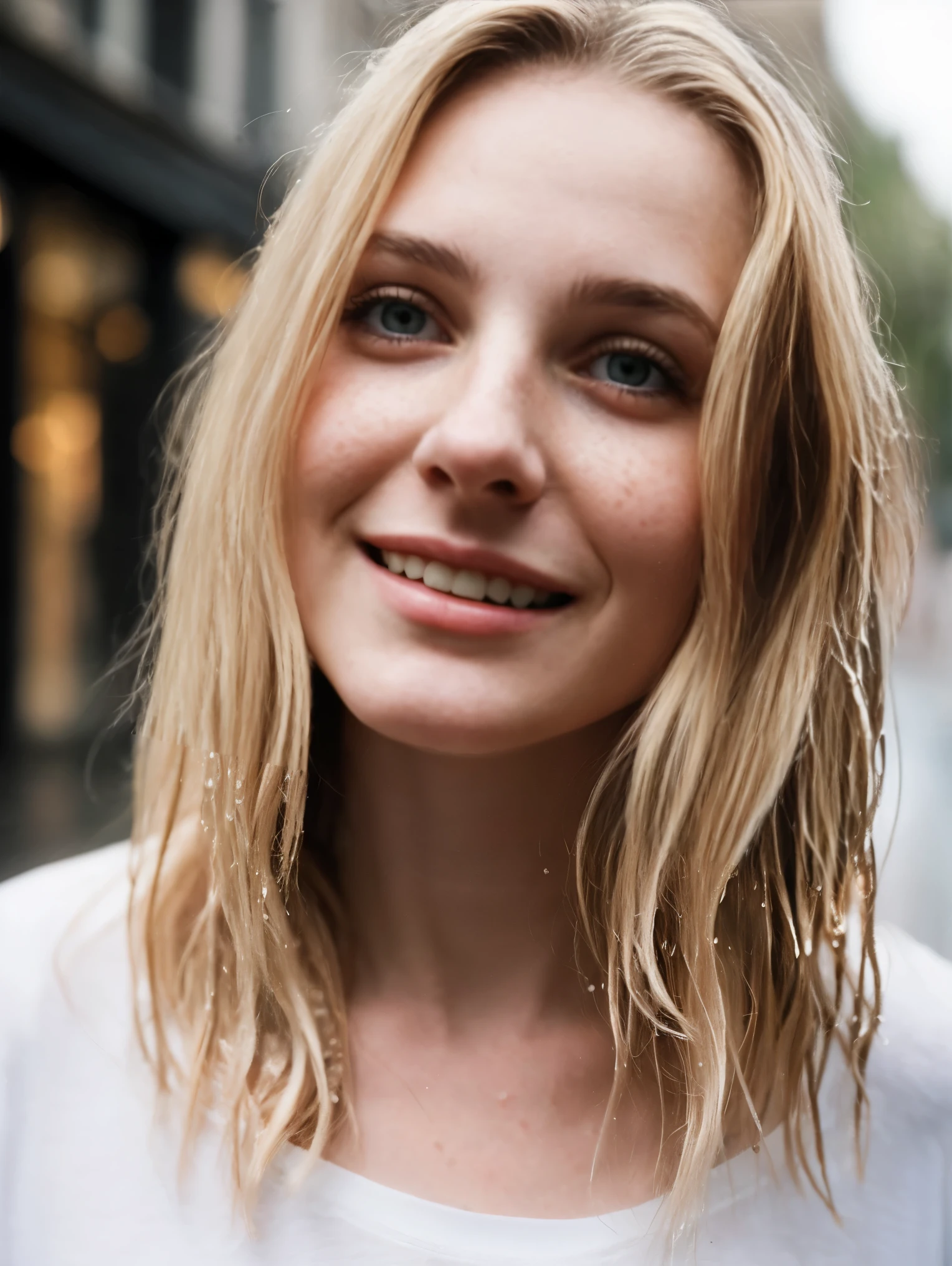 A highly detailed and realistic image with natural lighting, featuring an amateur portrait with a focus on face and a tight composition of a 19-year-old girl,pale skin, beautiful face with youthful and elegant appearance, long blonde hair, slight smile with playful attitude, medium breast. she wears a small, fitted and wet t-shirt, she is soak wet while standing at a rainy street. harmonious interplay of light and shadow, dark and stormy atmospheric scenario,