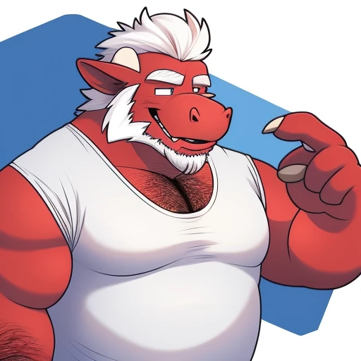 Old red dragon with a beard and white hair, wearing a hairy chest shirt.