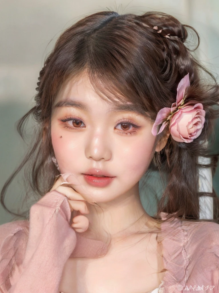 puffy asian woman with a rose flower in her hair, popular south Korean makeup, popular korean makeup, ulzzang, cute natural anime face, kawaii realistic portrait, beautiful face of japanese girls, Soft makeup, young lovely korean face, Sakimichan, cute face girl, beautiful aesthetic face, cute kawaii girl, lindo rosto delicado