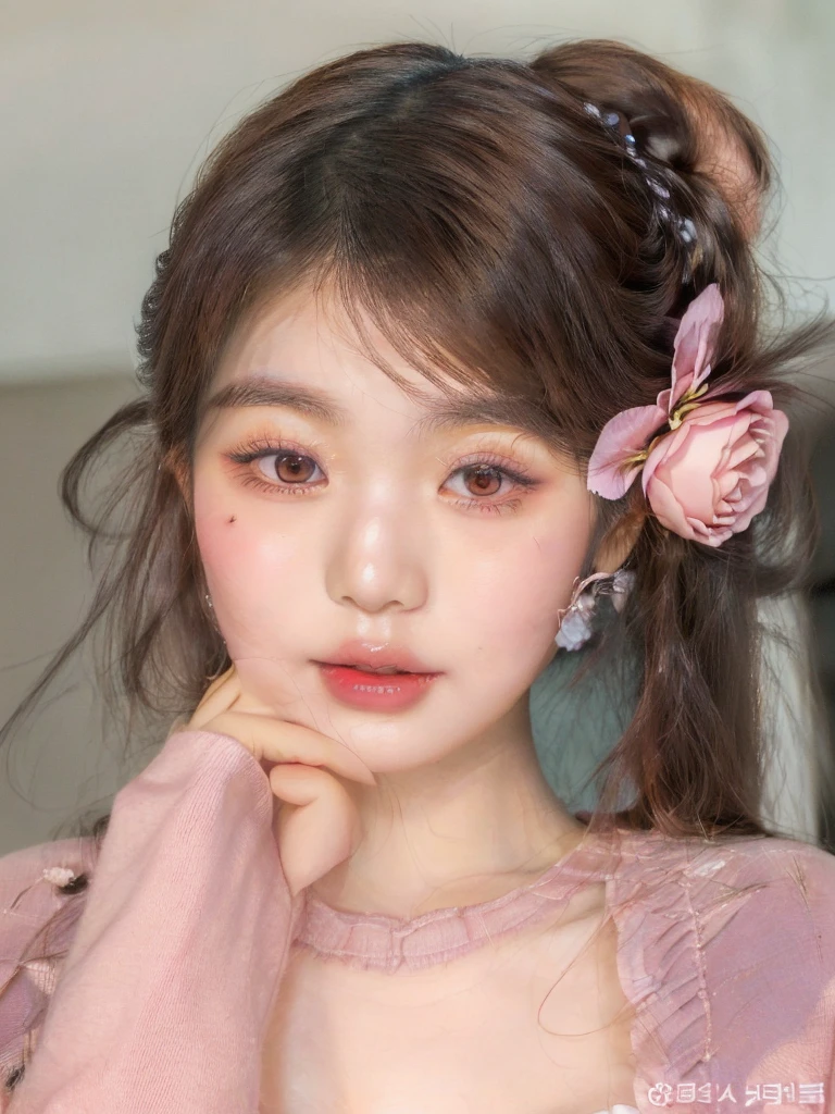 puffy asian woman with a rose flower in her hair, popular south Korean makeup, popular korean makeup, ulzzang, cute natural anime face, kawaii realistic portrait, beautiful face of japanese girls, Soft makeup, young lovely korean face, Sakimichan, cute face girl, beautiful aesthetic face, cute kawaii girl, lindo rosto delicado