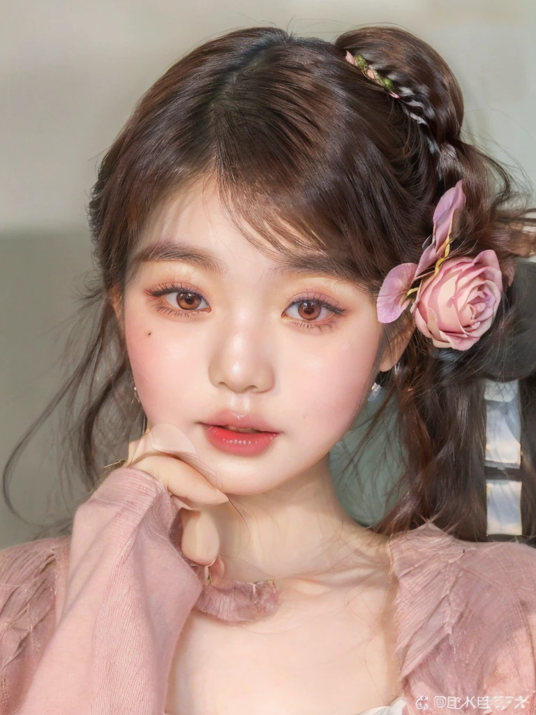 puffy asian woman with a rose flower in her hair, popular south Korean makeup, popular korean makeup, ulzzang, cute natural anime face, kawaii realistic portrait, beautiful face of japanese girls, Soft makeup, young lovely korean face, Sakimichan, cute face girl, beautiful aesthetic face, cute kawaii girl, lindo rosto delicado