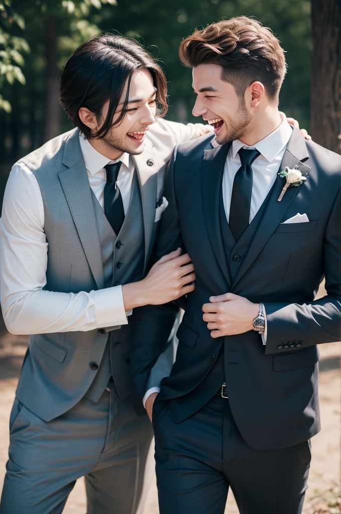 Two wolves in suits laughing