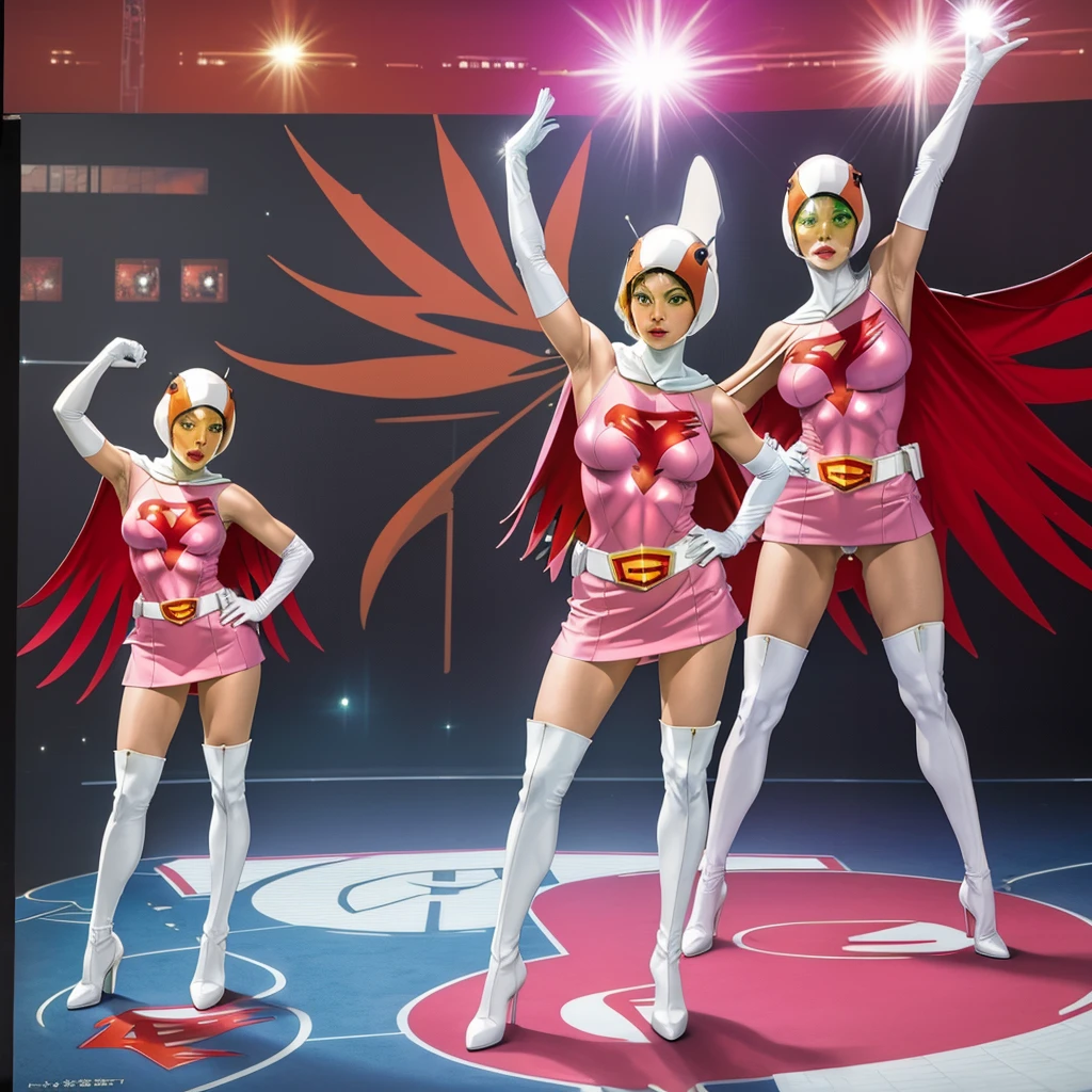 ANI_CLASSIC_jun_gatchaman_ownwaifu,1girl, 15 years old,good anatomy, masterpiece, best quality,realistic, hyperrealistic, 16k hdr,breasts,green eyes,lips,large breasts,lipstick,makeup,gloves,cape,helmet,belt,elbow gloves,white gloves,mask,ultra miniskirt,leotard,spacesuit,white tight overknee highheels boots,pink dress,superhero,bodysuit,cleavage,erected nipples,((standing pose,spread legs, arms up straight)),cameltoe