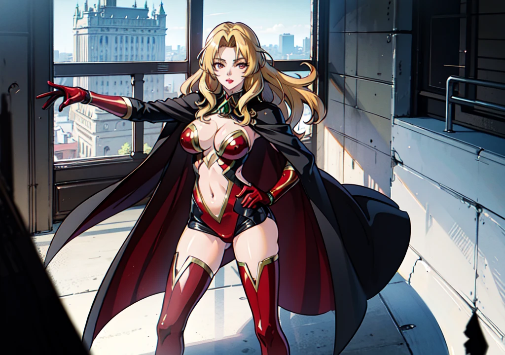 1girl,Alicia Viewsrtream,red lips,red impossible clothes,red elbow gloves,red thigh boots,cape,incredibly absurdres,Volumetric Lighting,moody lighting,thighs,anime,hetero,outstretched arm, hand on hip, best quality:1.4, intricate details, sharp focus, highres, eleborate atmosphere:0.90, 8K, 4K, UHD, 32k UHD resolution, realistic photo, professional photography, Ultra Detailed 8K CG, ultra high res, High quality texture, High quality shadows, vivid colors, HDR, palace, windows, day people, panoramic view,