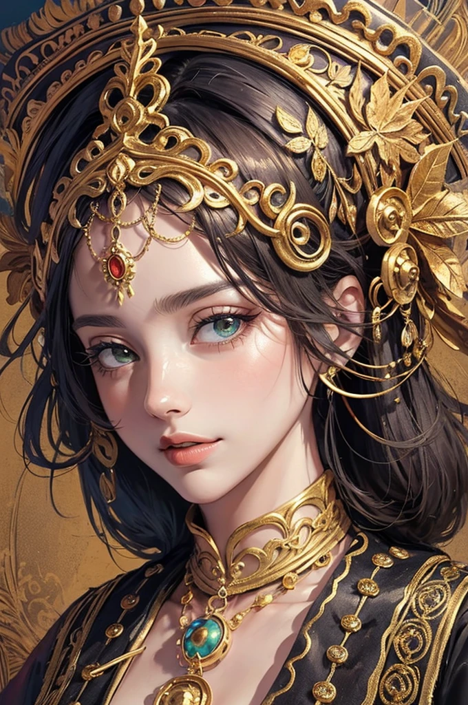(masterpiece, top quality, best quality, official art, beautiful and aesthetic:1.2), (1girl), extreme detailed,colorful,highest detailed, official art, unity 8k wallpaper, ultra detailed, beautiful and aesthetic, beautiful, masterpiece, best quality, (zentangle, mandala, tangle, entangle) ,holy light,gold foil,gold leaf art,glitter drawing, PerfectNwsjMajic