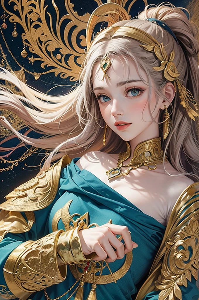(masterpiece, top quality, best quality, official art, beautiful and aesthetic:1.2), (1girl), extreme detailed,colorful,highest detailed, official art, unity 8k wallpaper, ultra detailed, beautiful and aesthetic, beautiful, masterpiece, best quality, (zentangle, mandala, tangle, entangle) ,holy light,gold foil,gold leaf art,glitter drawing, PerfectNwsjMajic