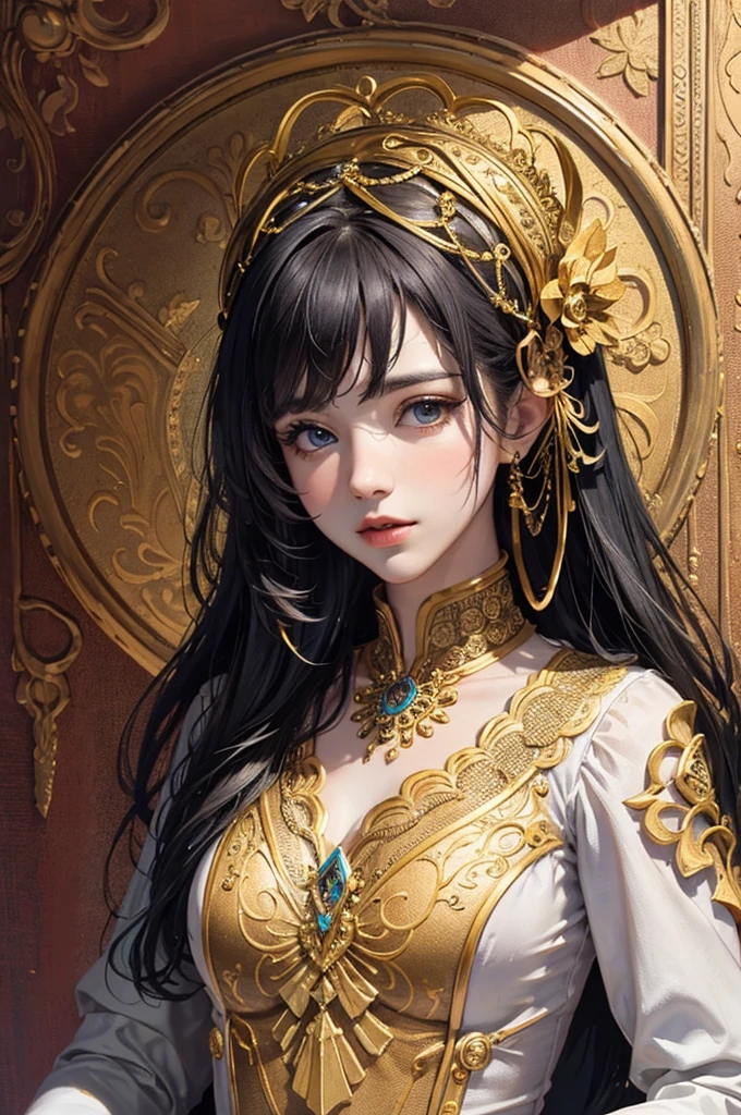 (masterpiece, top quality, best quality, official art, beautiful and aesthetic:1.2), (1girl), extreme detailed,colorful,highest detailed, official art, unity 8k wallpaper, ultra detailed, beautiful and aesthetic, beautiful, masterpiece, best quality, (zentangle, mandala, tangle, entangle) ,holy light,gold foil,gold leaf art,glitter drawing, PerfectNwsjMajic