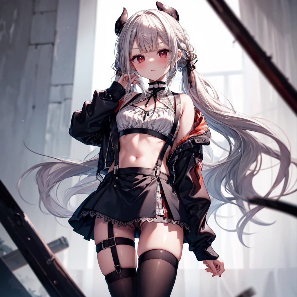 ((Highest quality)), ((masterpiece)), ((detailed)), (4K), nsfw, 1girl, 独奏, (eyepatch), crop top, leather jacket, Torn miniskirt, suspender skirt, torn pantyhose, panties, panties under pantyhose, choker, bracelet, small breasts, erect nipples, (rain), (wet),  (expressionless), scowl, (from below), (looking down), looking at viewer, wasteland