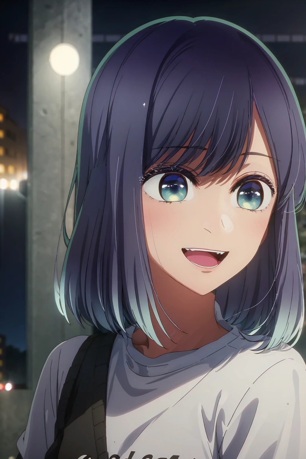 best quality, masterpiece, 1 girl, alone, beautiful eyes, big smile, very surprised expression, casual clothes, full stadium background, night